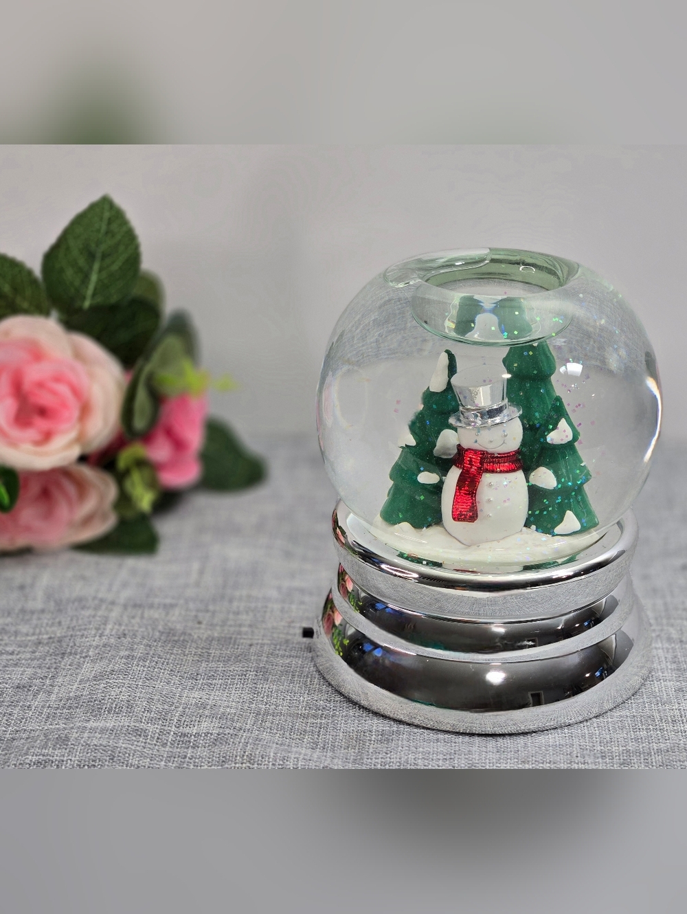 Bath & Body Works Slatkin & Co Snowman Snow Globe Tealight Christmas Tree Silver